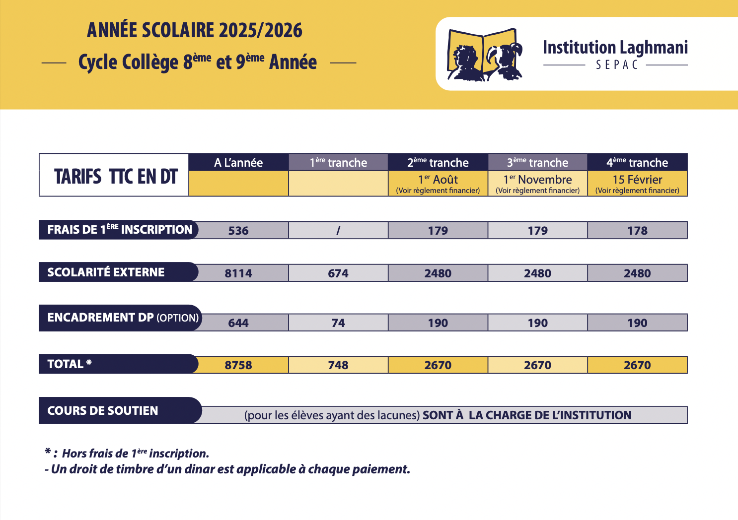 tarifs 8ème et 9ème année de base - collège Laghmani