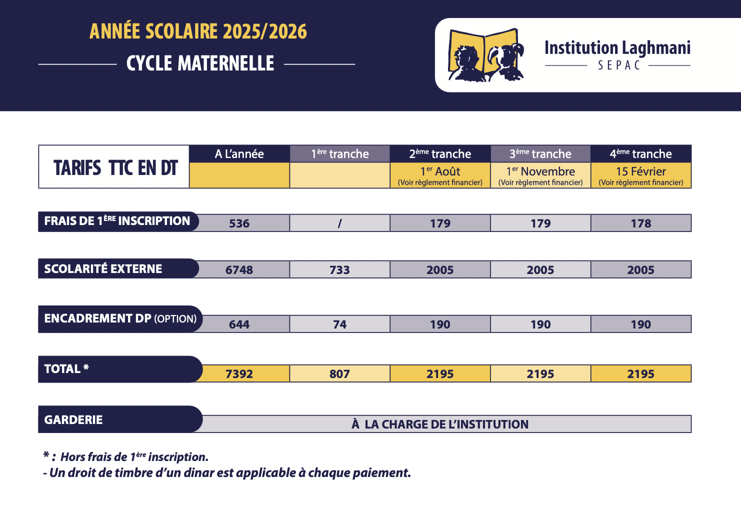illustration des tarifs pour le cycle maternelle-école laghmani